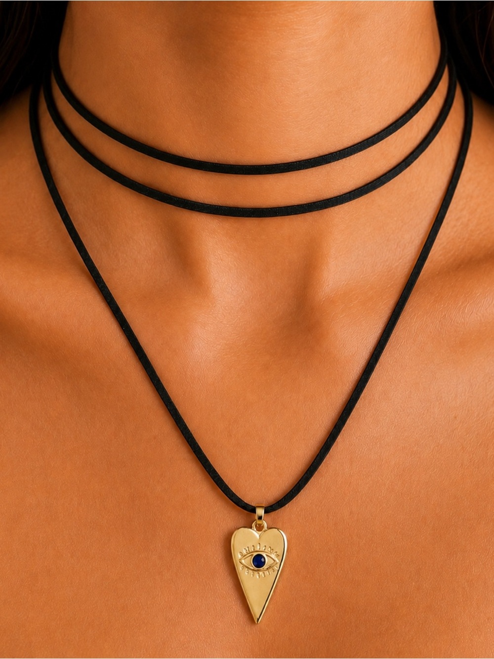 Gold Heart Eye Pendant Necklace on Black Suede Cord 18K Real Gold Plated